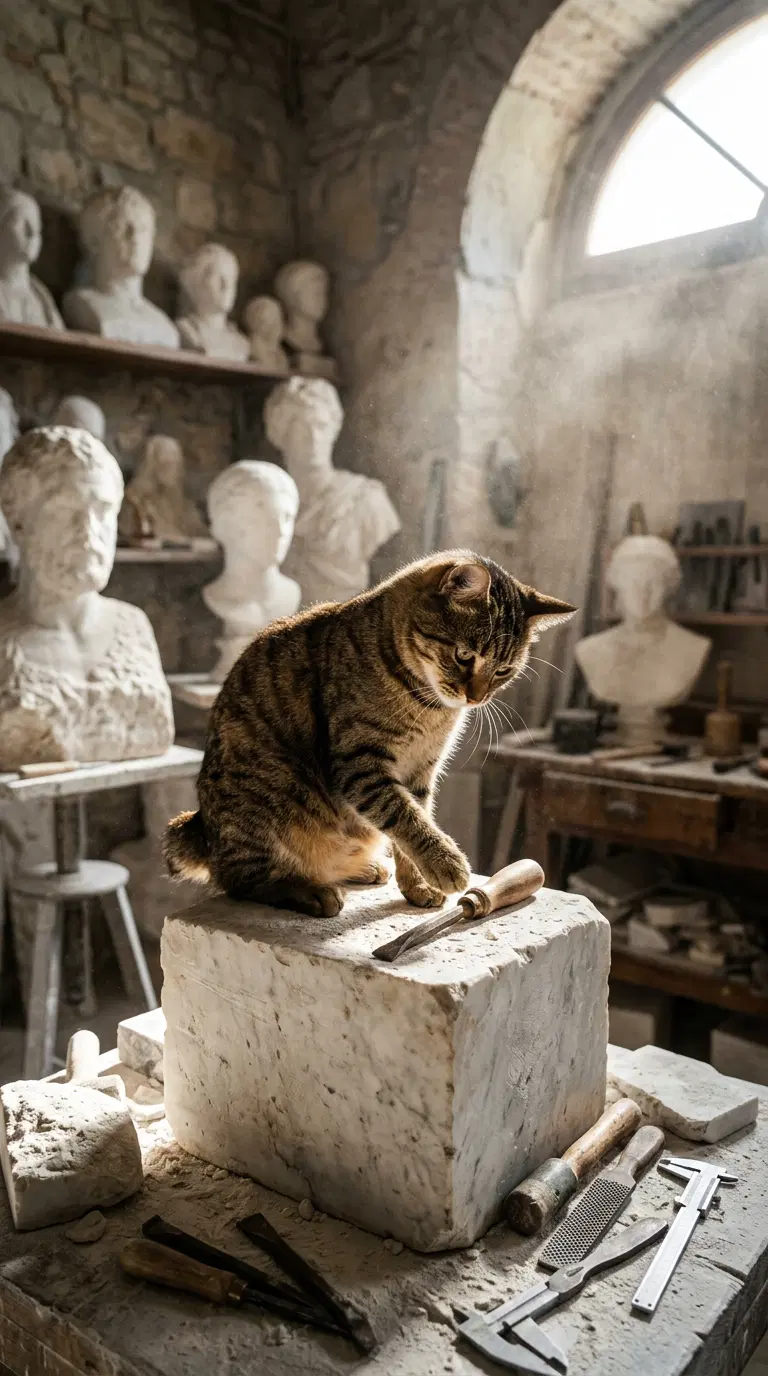 Tabby Cat Interacting with Sculpture Tools in Artist Studio