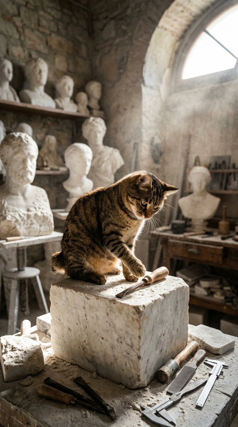 A tabby cat sits atop a marble block in a stone-carved workshop, surrounded by sculptures and tools.