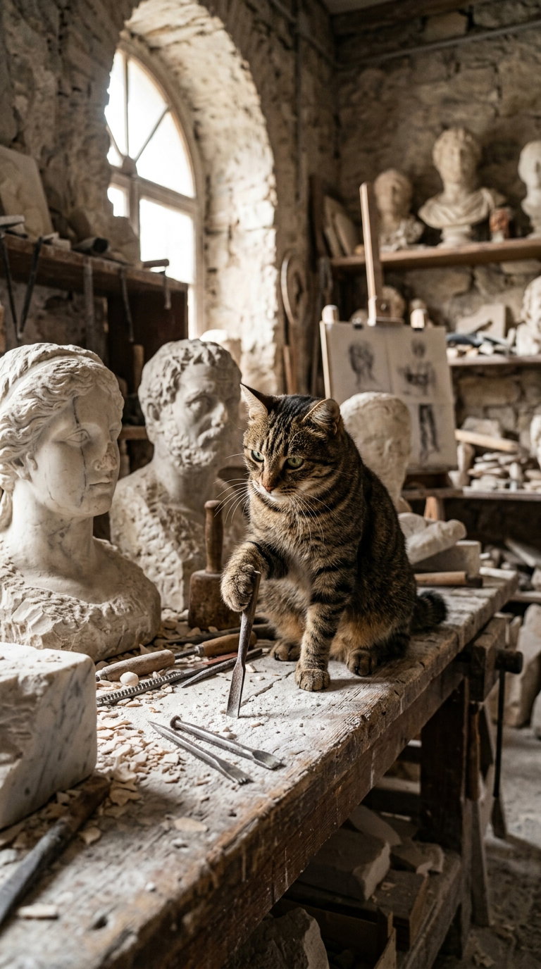 A tabby cat sitting on a wooden table in a sculptor's studio, surrounded by sculptures and tools.