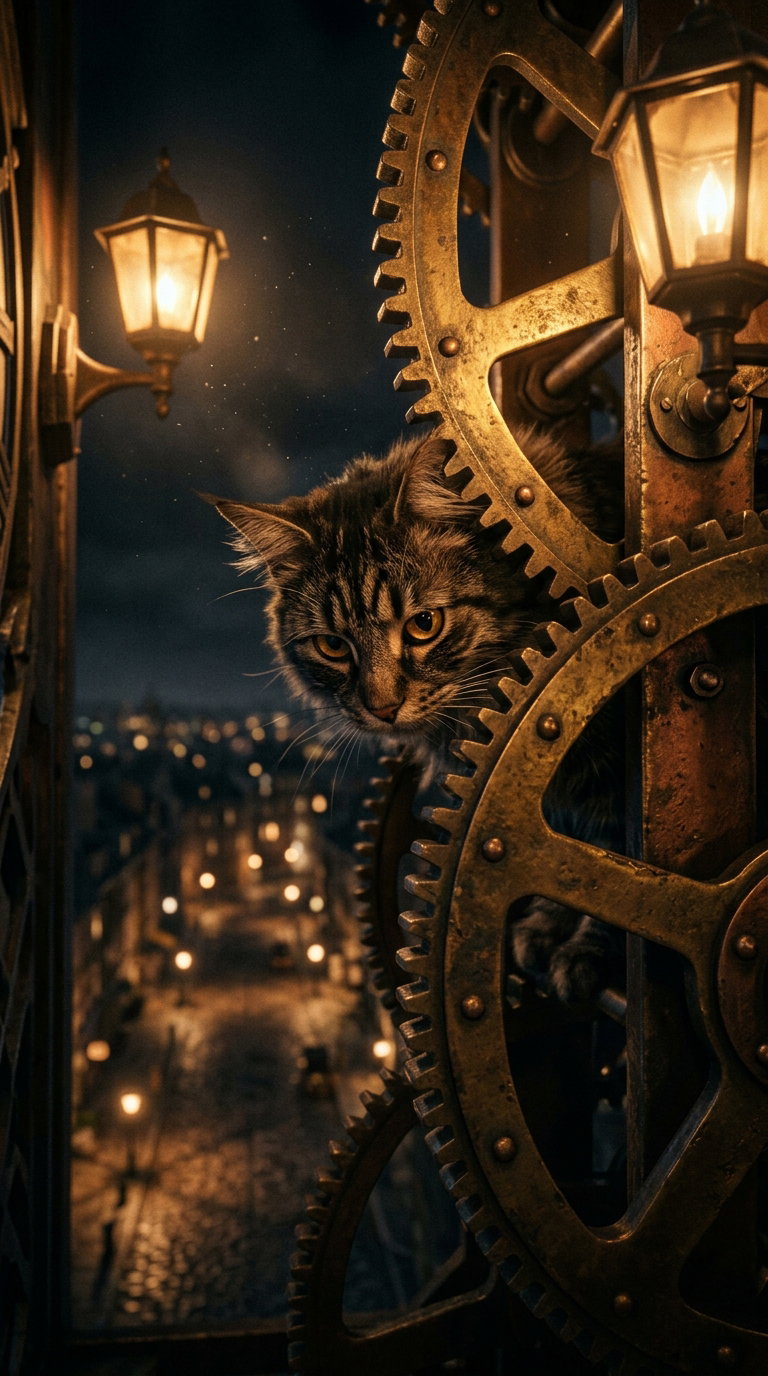 A Maine Coon cat peeking through large, ornate gears near street lamps, set against a nocturnal city background.