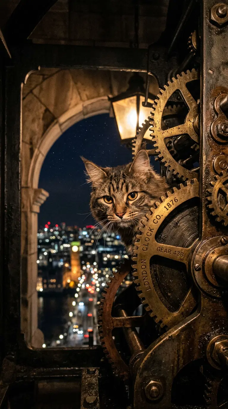 Cat Posed Near Clock Mechanism Overlooking City Skyline