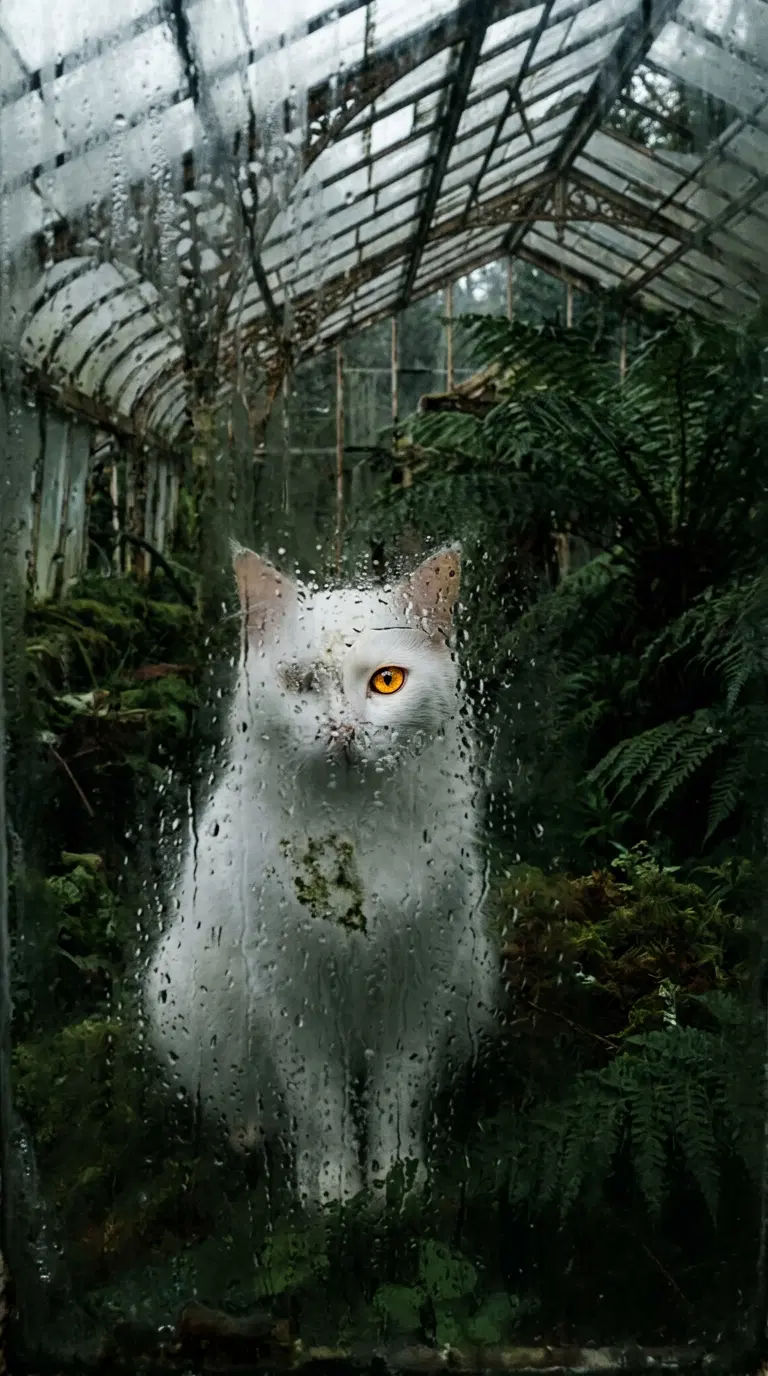 A white cat with striking golden eyes behind a wet greenhouse glass