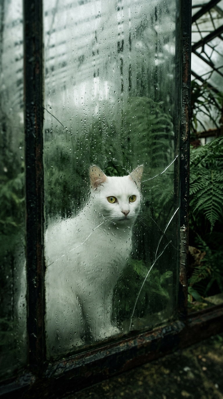 A white cat with yellow eyes is standing behind a rain-soaked glass pane, surrounded by green ferns.