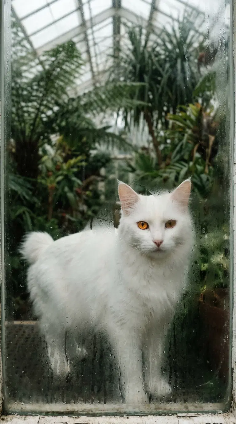 White Cat with Mixed Eye Colors in a Greenhouse Setting