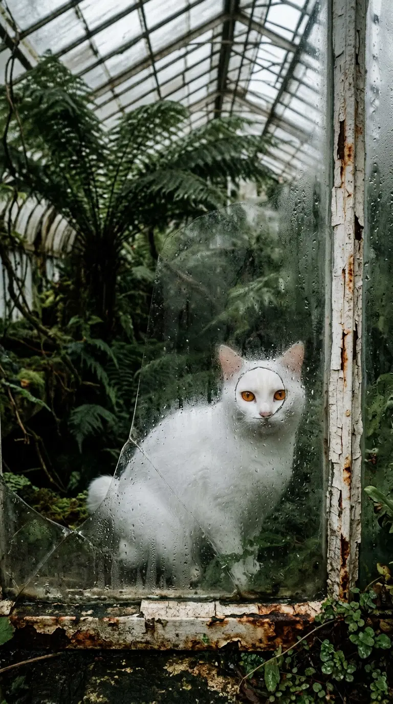 A Majestic White Bobtail Cat in a Lush Greenhouse Setting