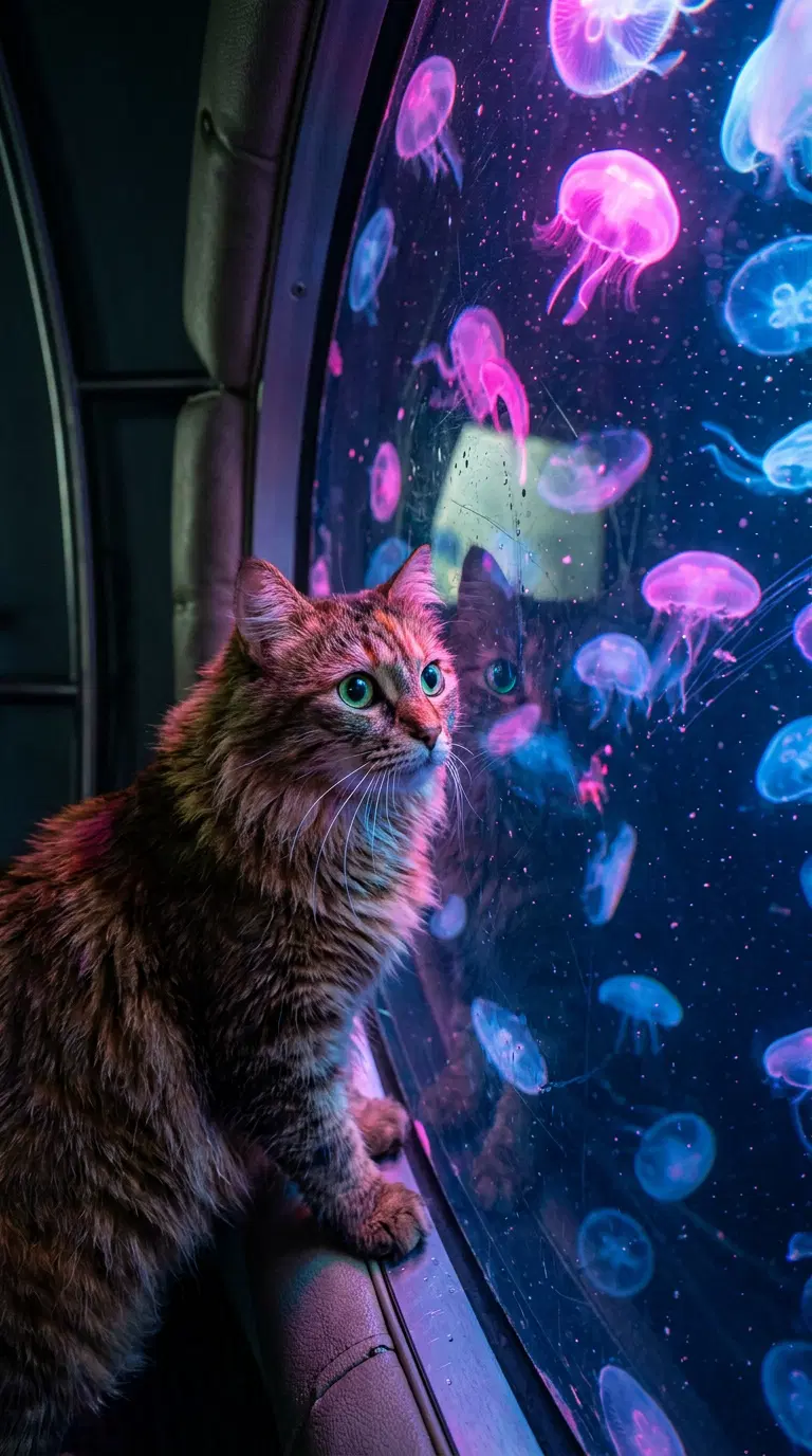 A Cat Observing Colorful Jellyfish Underwater