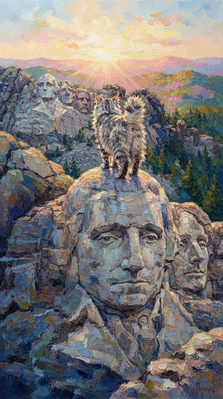 A Bobtail Cat on Mount Rushmore Surrounded by a Scenic Landscape