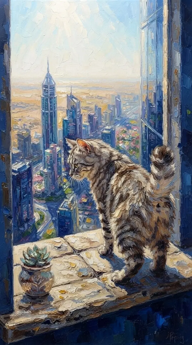 A Striped Cat gazing over a vibrant city skyline