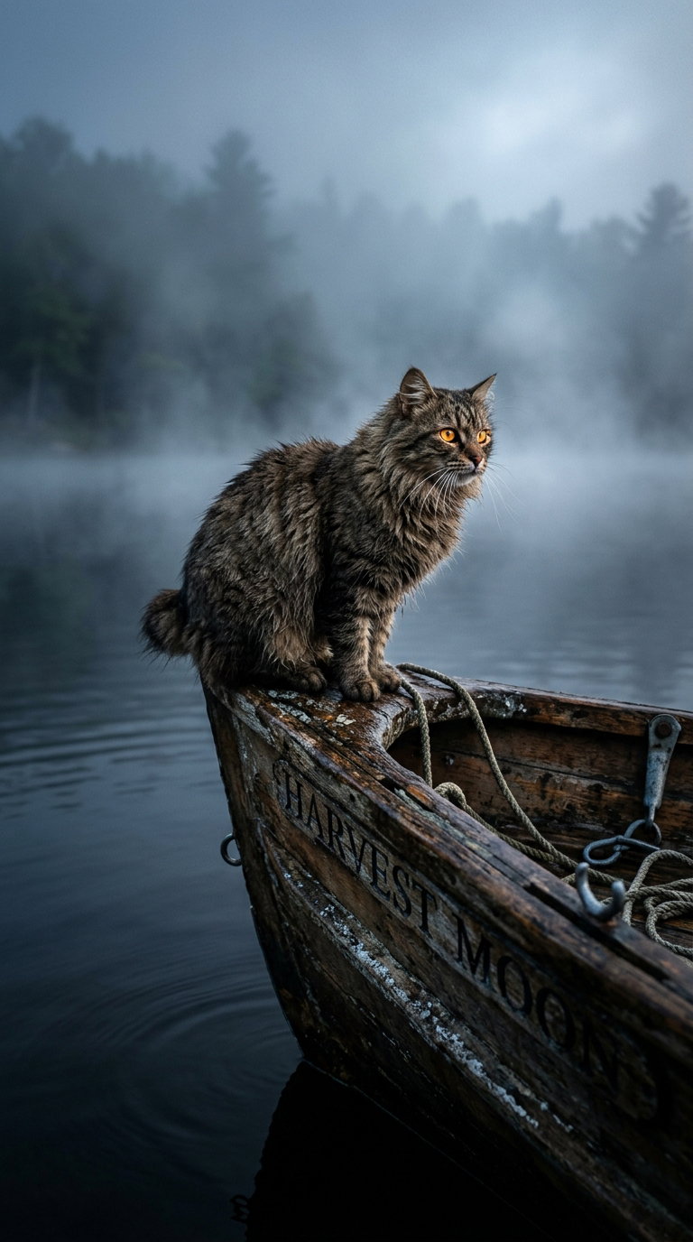 A fluffy cat with yellow eyes sits on a wooden boat in misty waters, surrounded by trees.