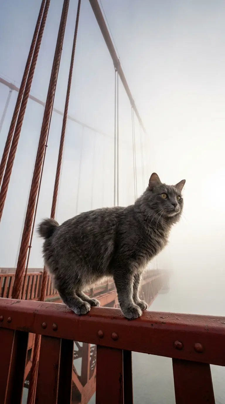 Gray American Bobtail Cat on a Bridge in Foggy Weather