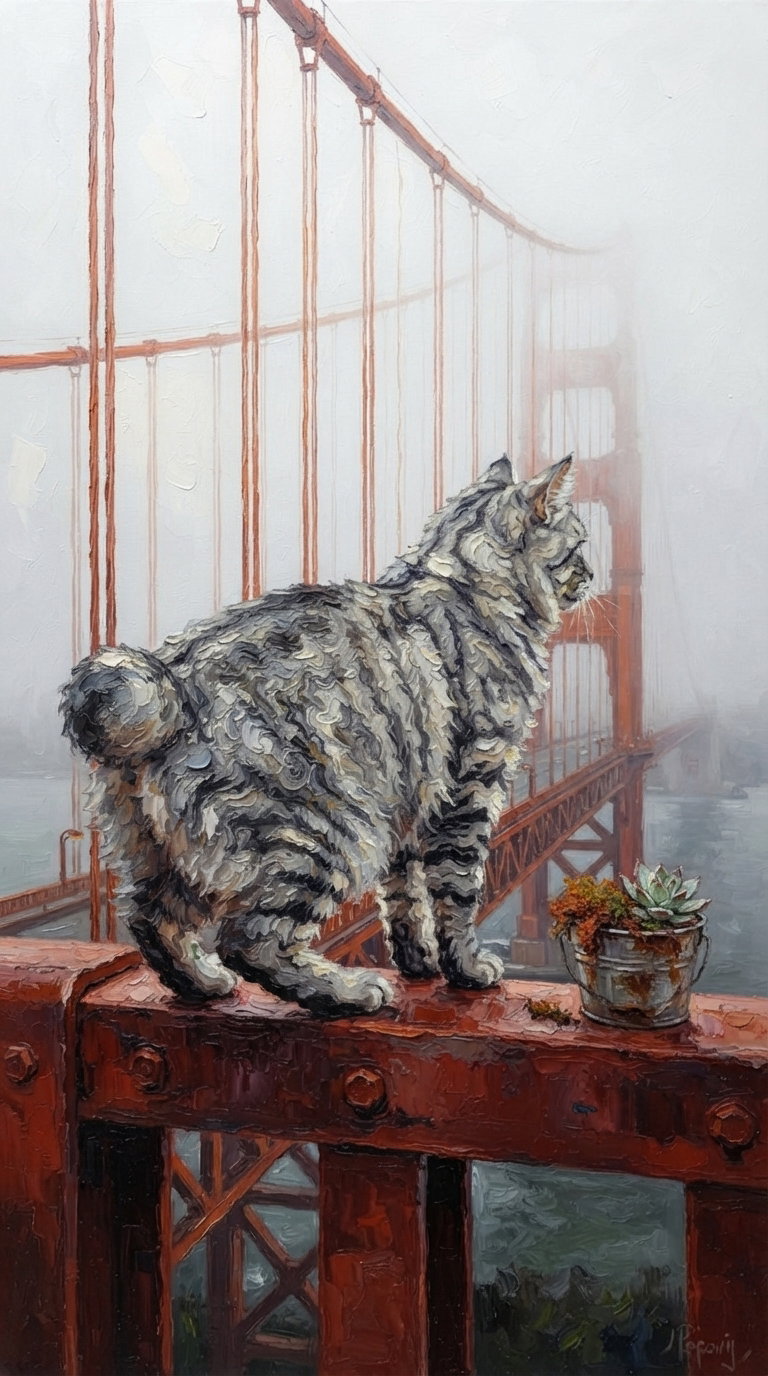 A striped cat with a bobtail stands on a railing, gazing at a fog-covered bridge. A small potted plant is nearby.