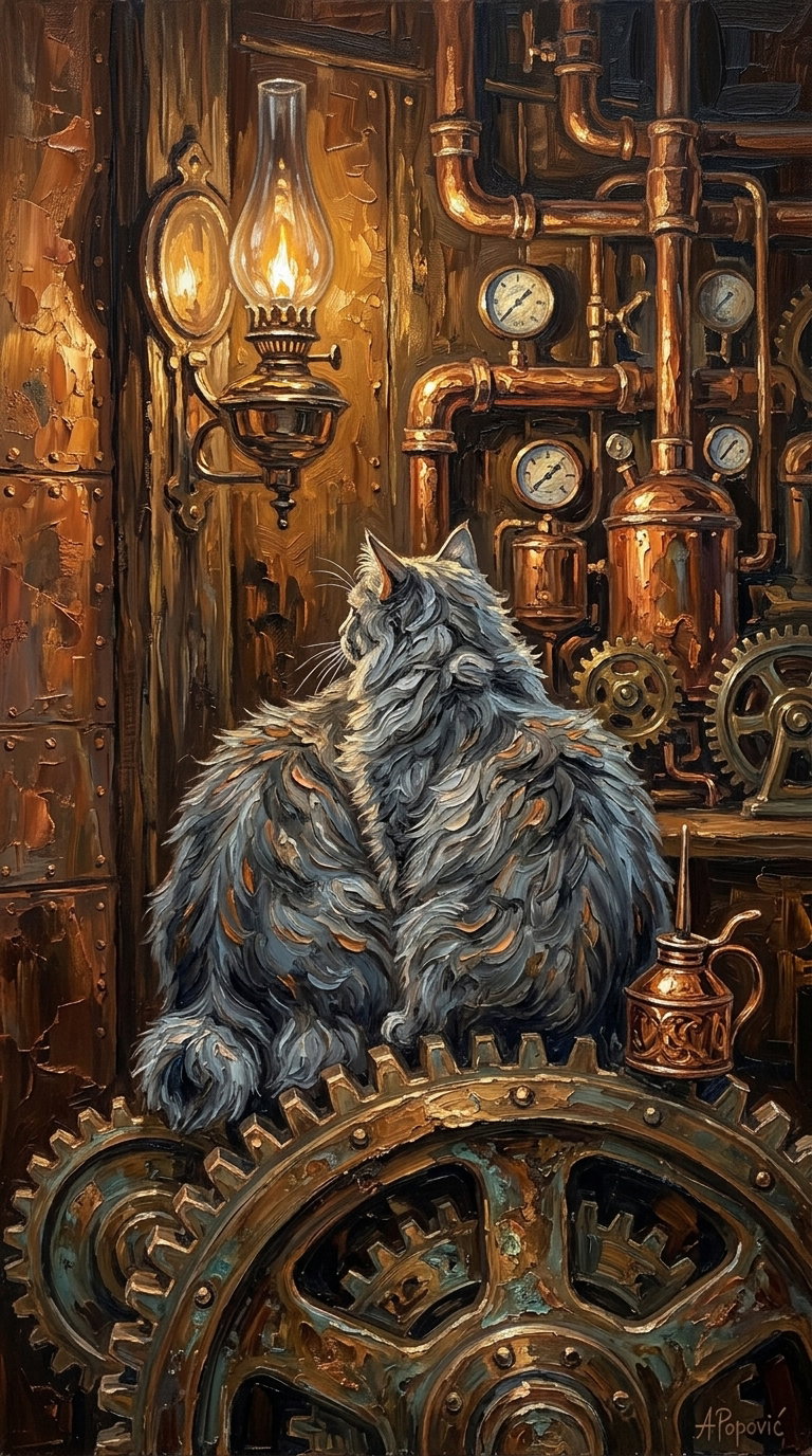 A fluffy gray Bobtail cat sitting on a large gear, gazing at a wall with pipes and a vintage lantern. The background features steampunk-style machinery.