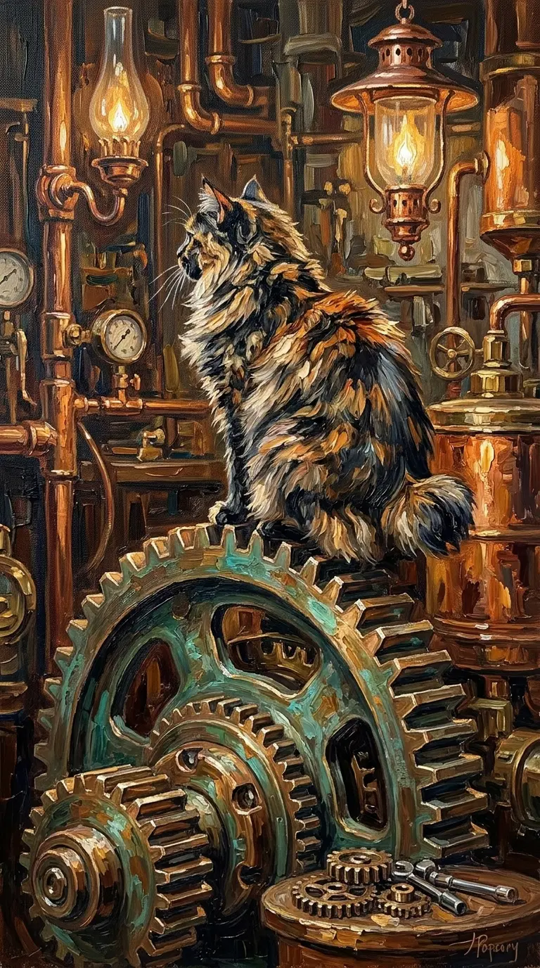 Majestic Cat Amidst Steampunk Machinery and Warm Lighting