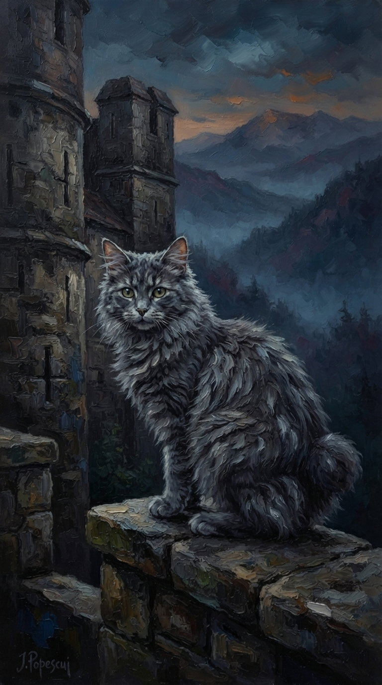A fluffy gray cat with green eyes sitting on a stone wall, with a misty mountain landscape and a castle in the background.