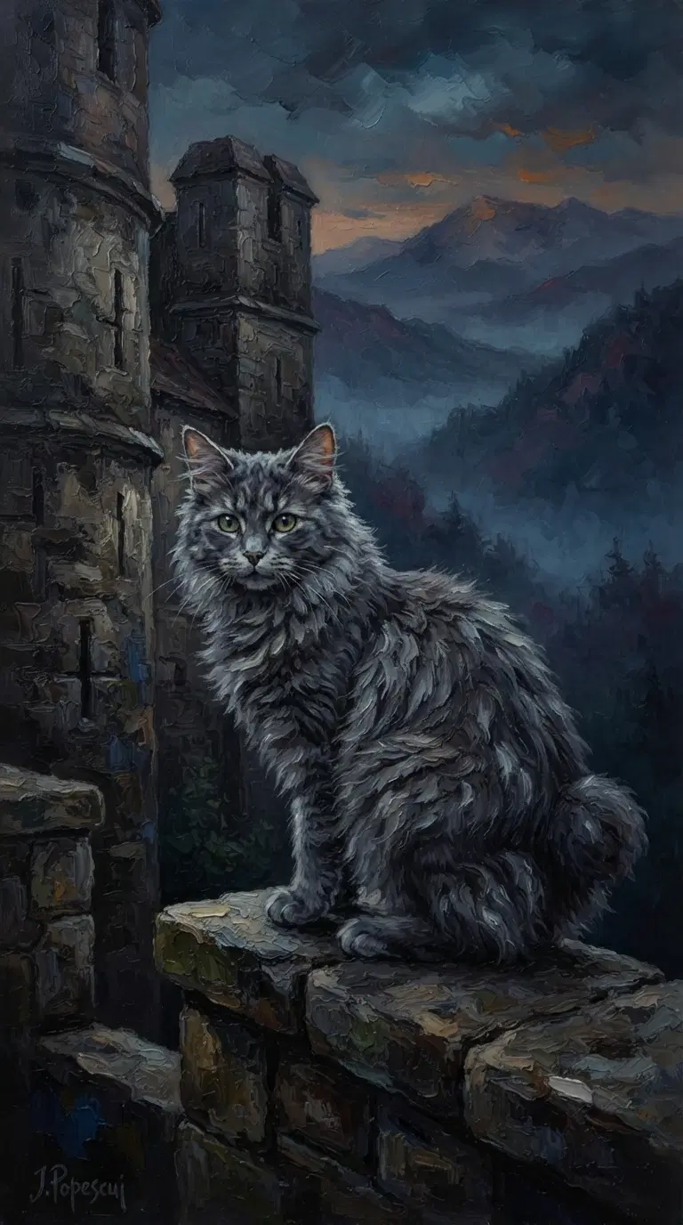 Majestic American Bobtail Cat Staring at a Somber Landscape