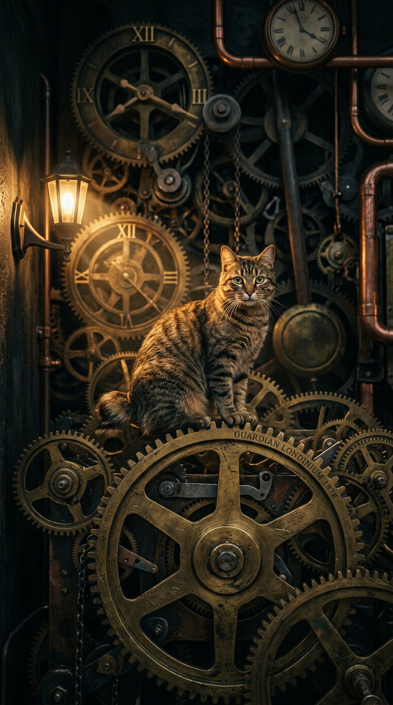 A tabby cat sitting on large, ornate gears surrounded by vintage clocks.