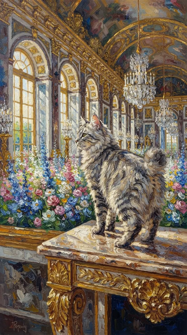Elegant American Bobtail Cat in a Grand Floral Hall