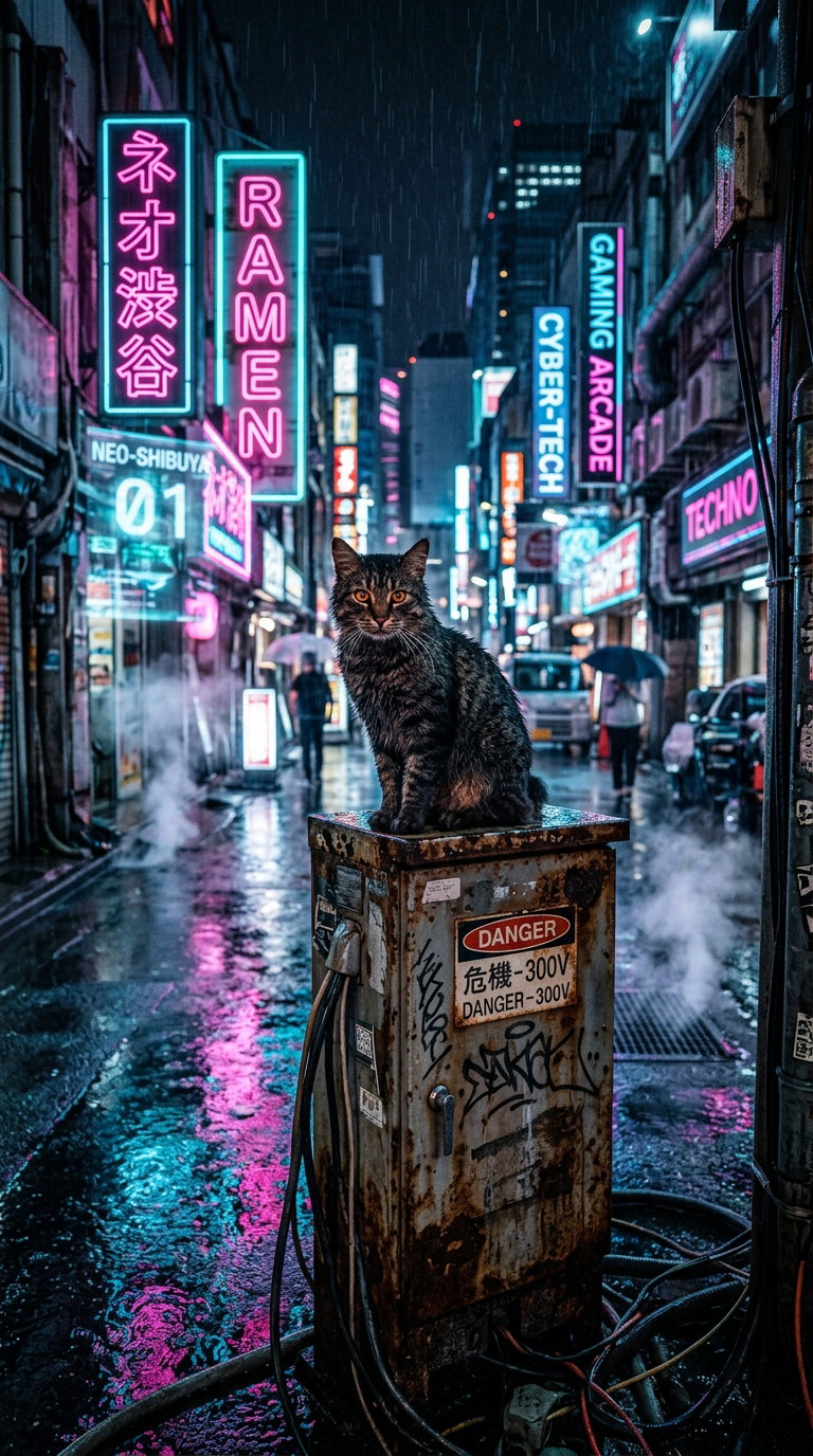 A cat stands on a rusty electric box in a wet street illuminated by vibrant neon signs during a rainy night.