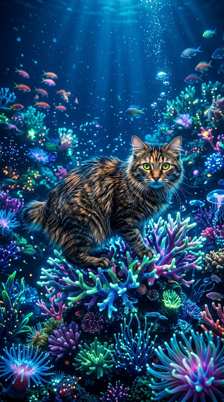 A detailed American Bobtail cat is perched on colorful coral amidst an underwater scene filled with vibrant fish and aquatic plants.