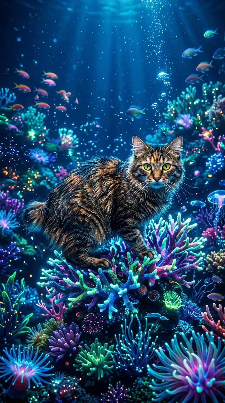 A Beautifully Illustrated American Bobtail Cat in a Vibrant Coral Reef