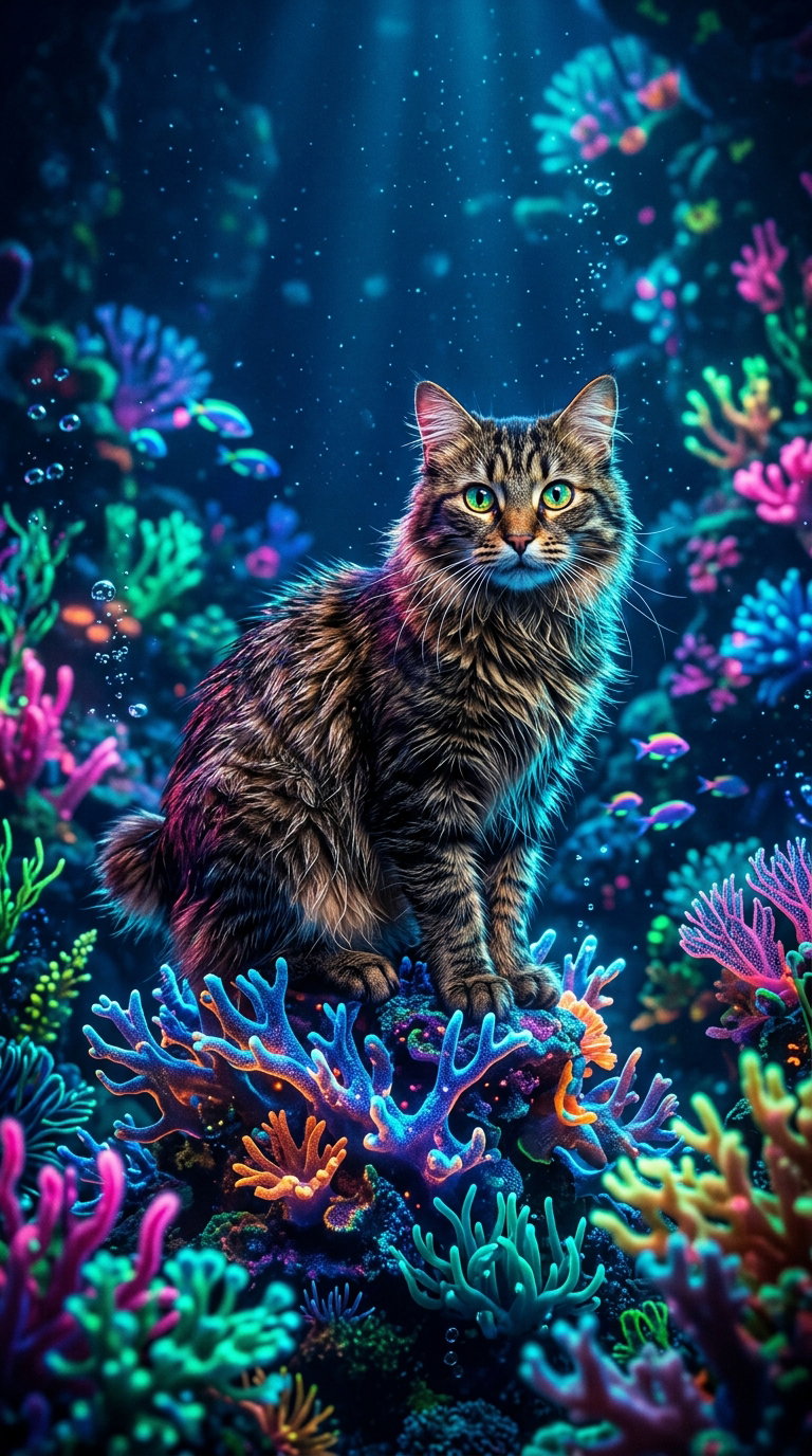A fluffy brown tabby cat sits on coral in an underwater setting surrounded by colorful corals and bubbles, illuminated by beams of light.