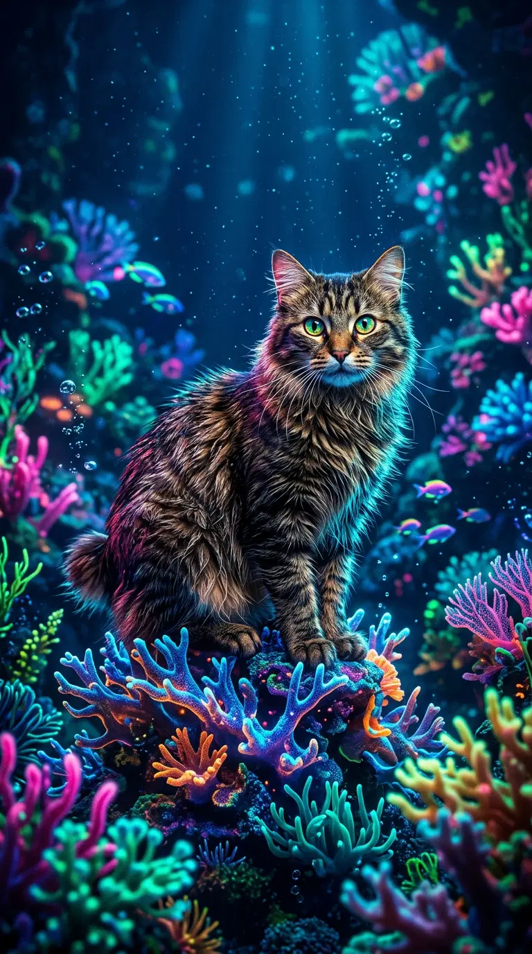 Majestic American Bobtail Cat in a Colorful Underwater Scene