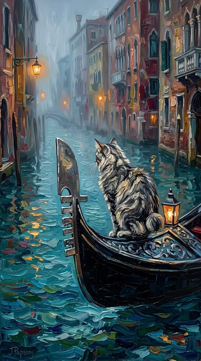 A Cat Sitting on a Gondola in a Misty Venetian Canal