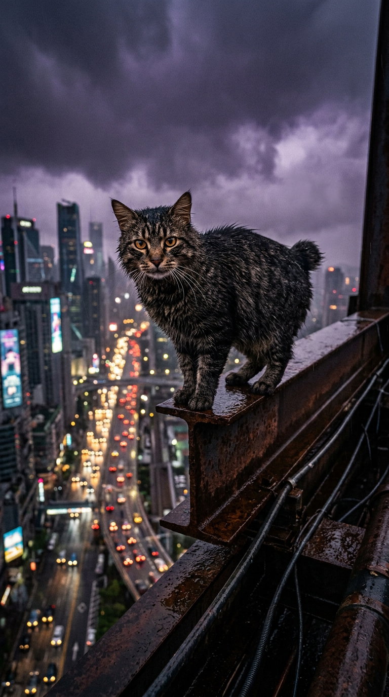 A tabby cat standing on the edge of a building rooftop with a cityscape in the background, illuminated by city lights under a cloudy sky.