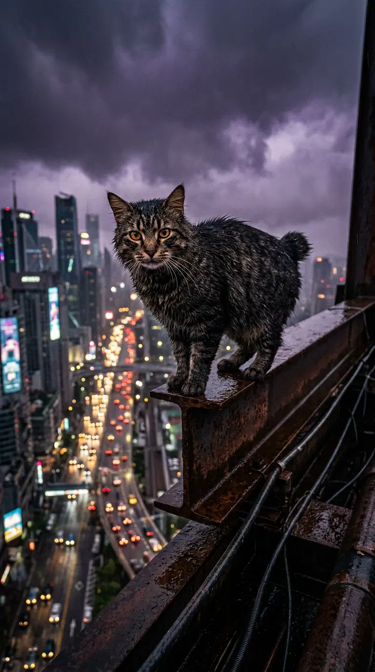 Astonishing American Bobtail Cat on a High-Rise Edge at Dusk