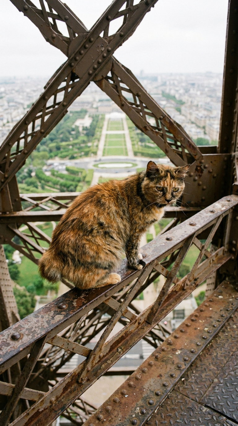 A tortoiseshell cat perched on a steel beam of the Eiffel Tower, with a scenic view of a park and cityscape in the background.