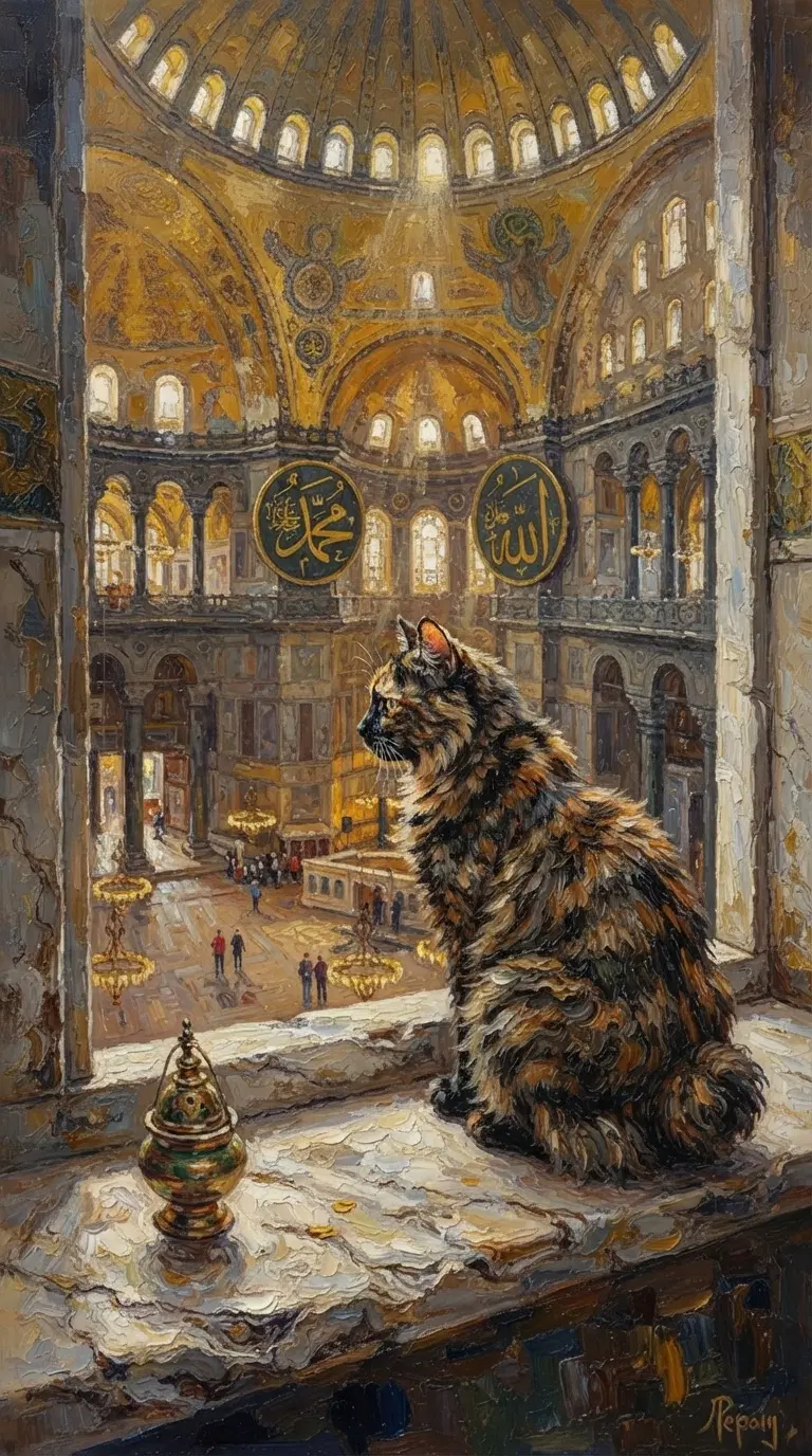 A Cat Observing the Grandeur of Historical Architecture