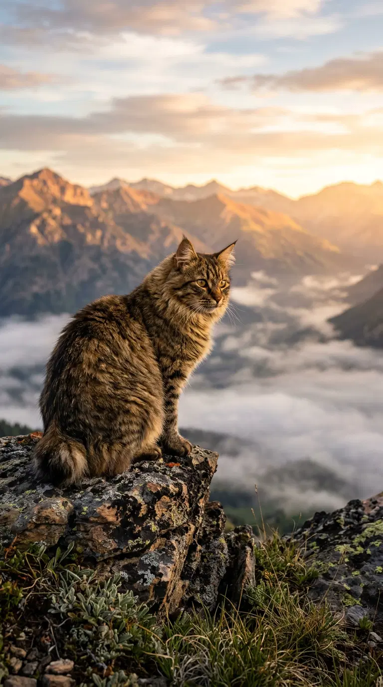 A Beautiful Cat in a Majestic Mountain Landscape