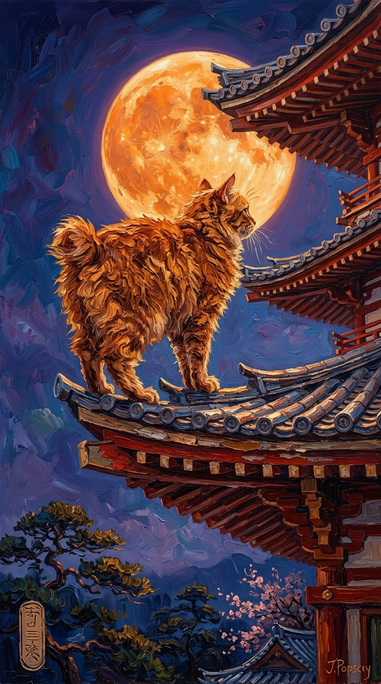An orange cat standing on the edge of a traditional Japanese temple rooftop, gazing at a large full moon in the night sky, surrounded by cherry blossom trees.