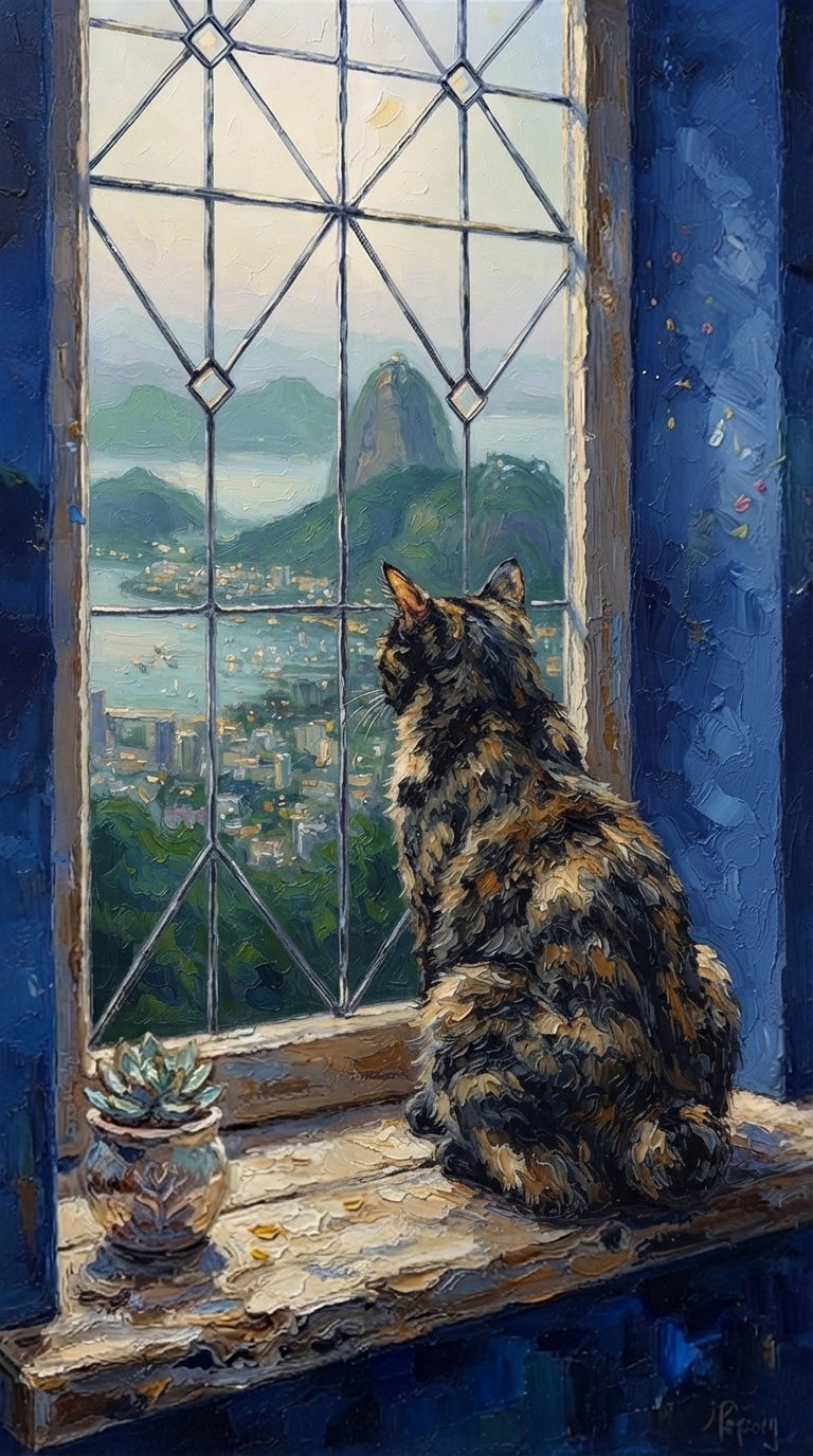 A striped cat sitting on a window sill, gazing out at a cityscape with mountains in the background, a potted succulent nearby.