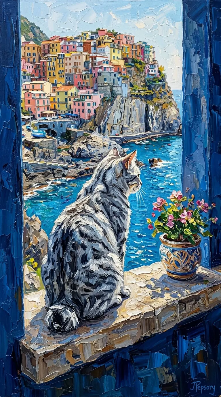 A Beautiful Tabby Cat Overlooking a Coastal Village