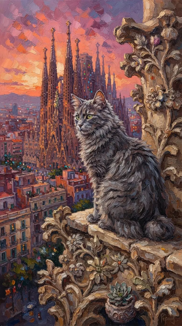 American Bobtail Cat Overlooking a City at Sunset