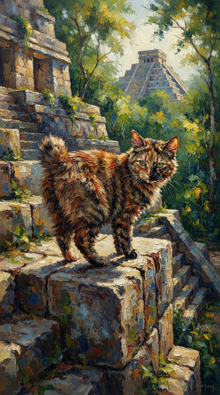 A calico American Bobtail cat standing atop steps of a stone structure, surrounded by lush greenery, with a pyramidal structure visible in the background.