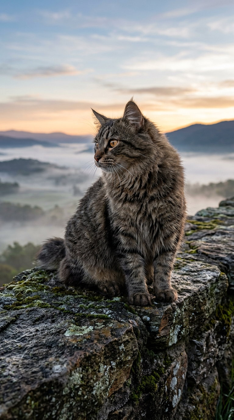 A fluffy American Bobtail cat perched on a moss-covered stone wall with a breathtaking mountainous landscape and misty valley in the background during sunrise.