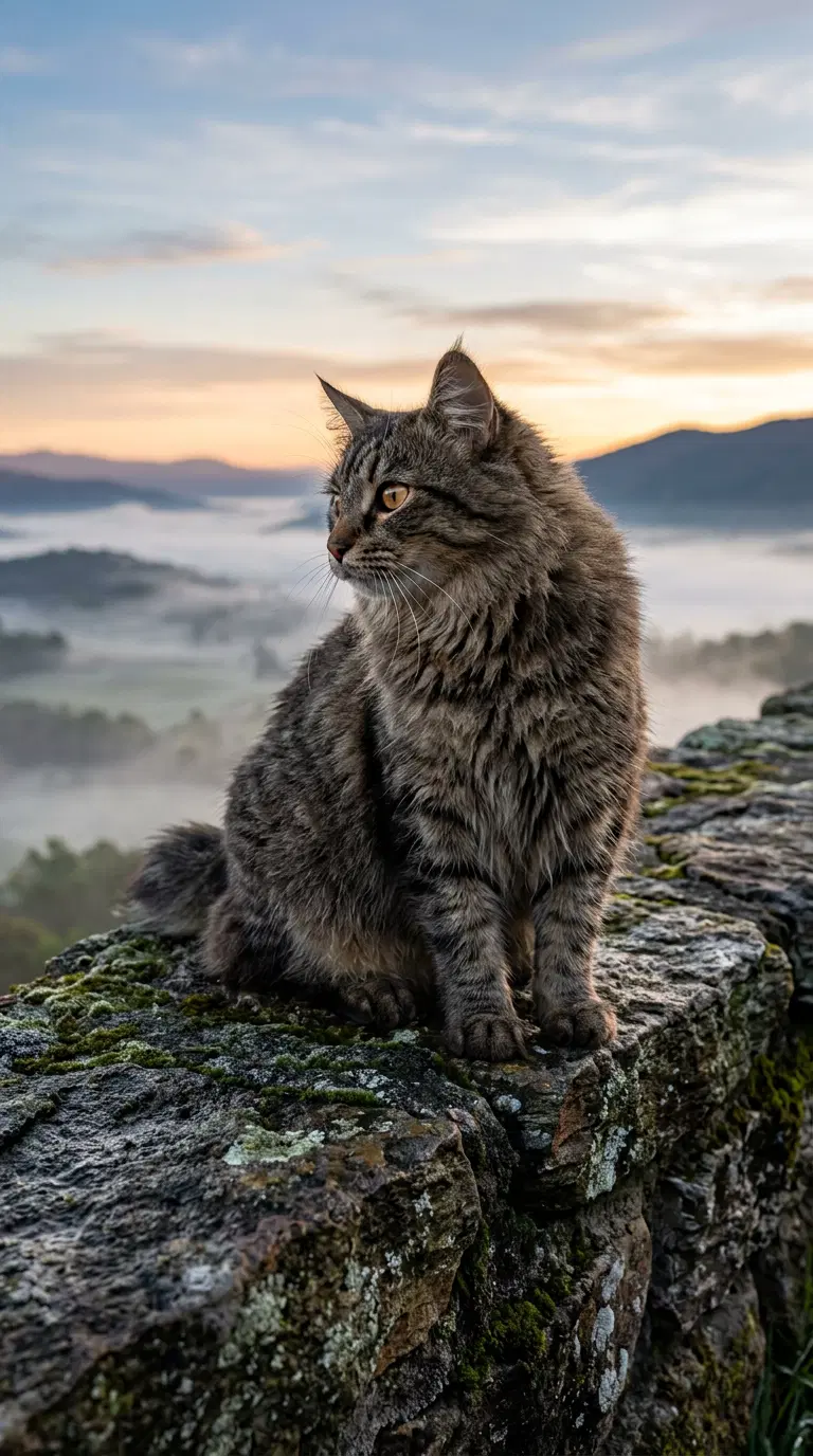 Stunning American Bobtail Cat on a Scenic Mountain Ridge
