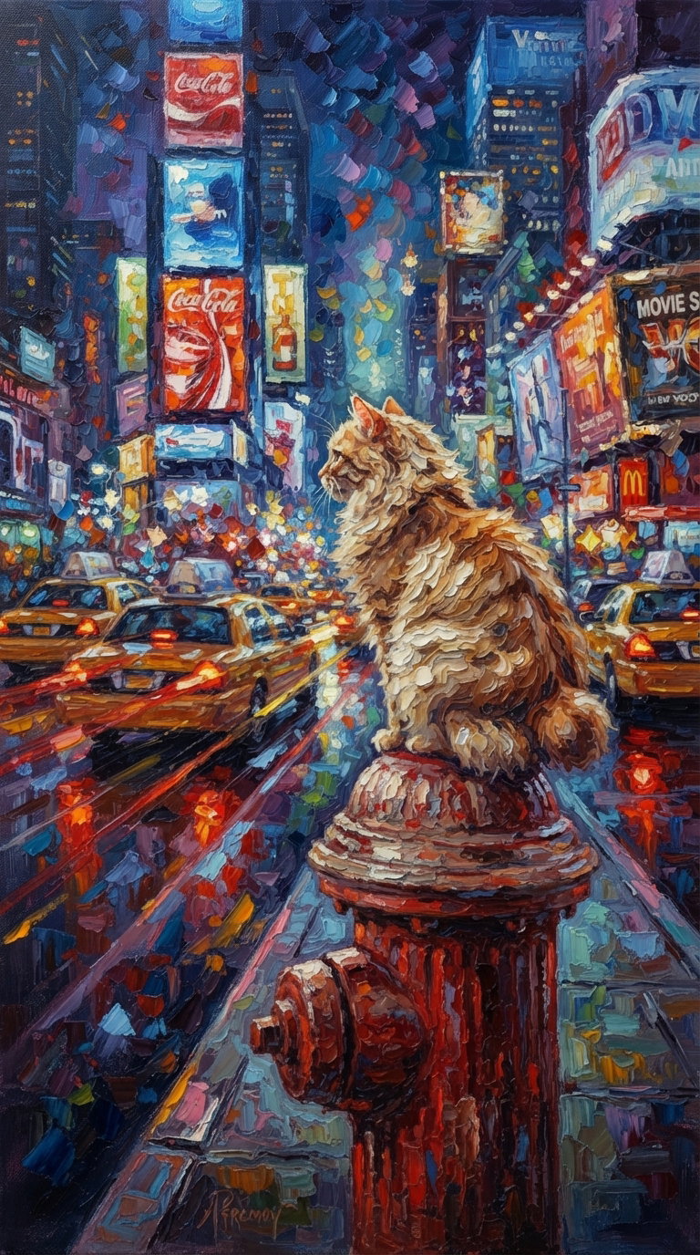 An orange cat sitting on a fire hydrant in a bustling city, with colorful lights and busy streets.