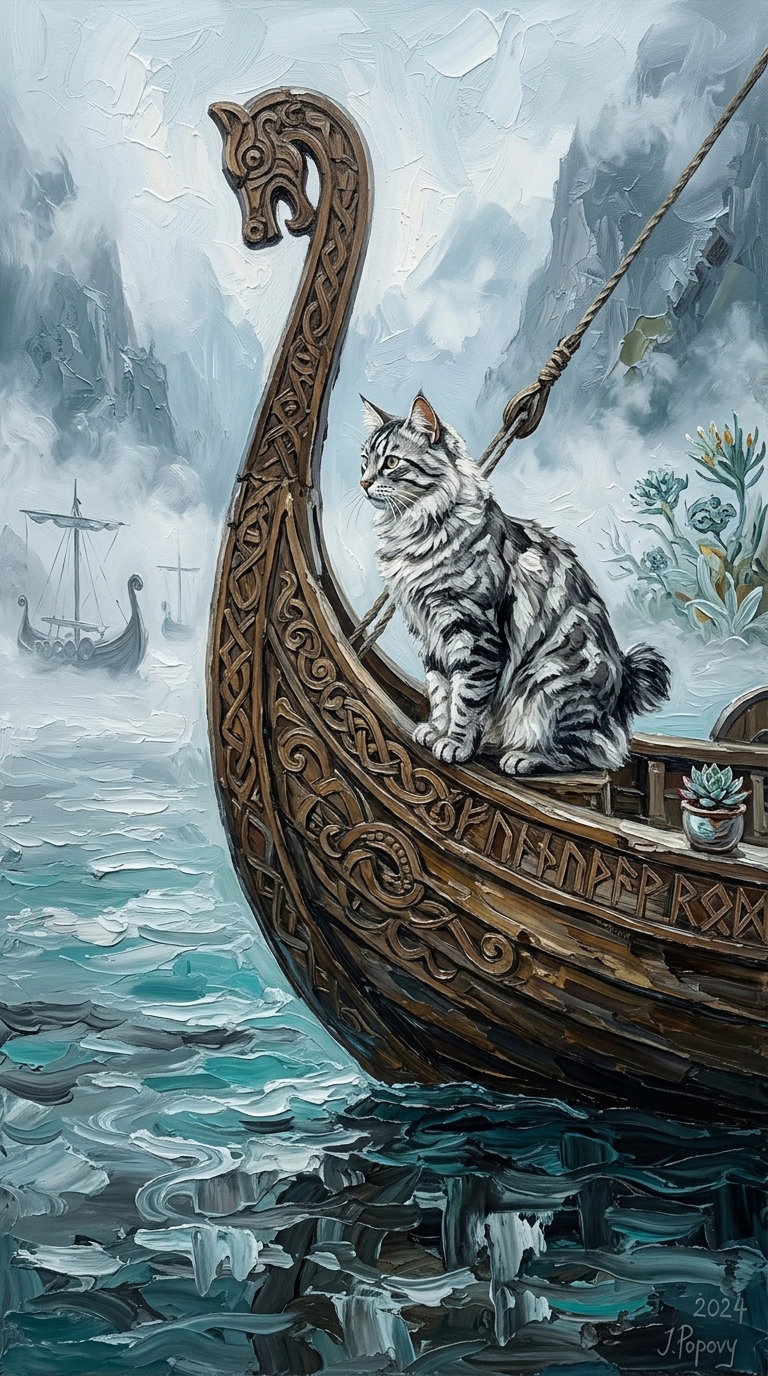 A beautifully detailed painting of a silver striped cat sitting on a Viking ship, surrounded by foggy waters and distant ships.
