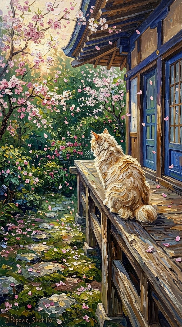 A fluffy cat sitting on a wooden deck, surrounded by blooming cherry blossom trees and vibrant greenery.