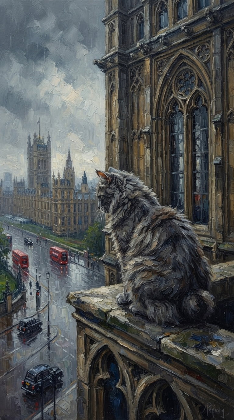 A fluffy gray cat perched on a stone ledge overlooking a rainy city view with historic buildings and red buses.