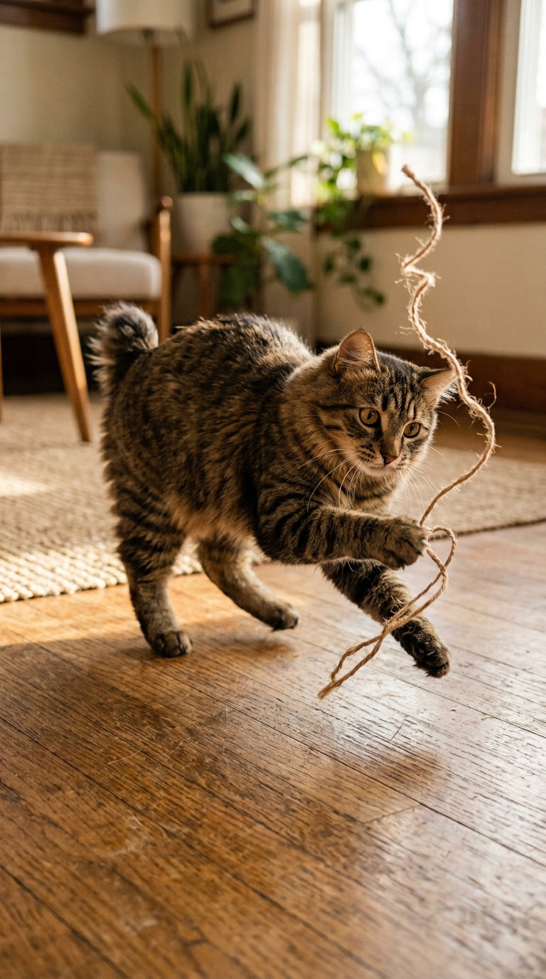 An American Bobtail cat playfully running on wooden floor, chasing a piece of rope, in a bright, sunlit room with furniture and plants in the background.
