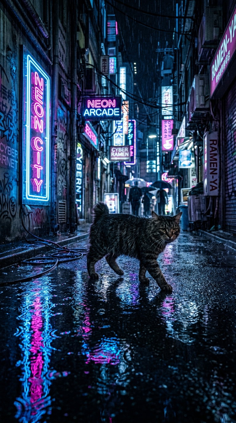 A tabby cat walking on a wet street in a neon-lit urban alley, surrounded by glowing signs.