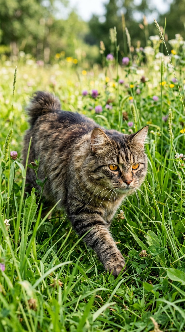 A tabby American Bobtail cat with distinctive short tail walking through lush green grass and colorful flowers.
