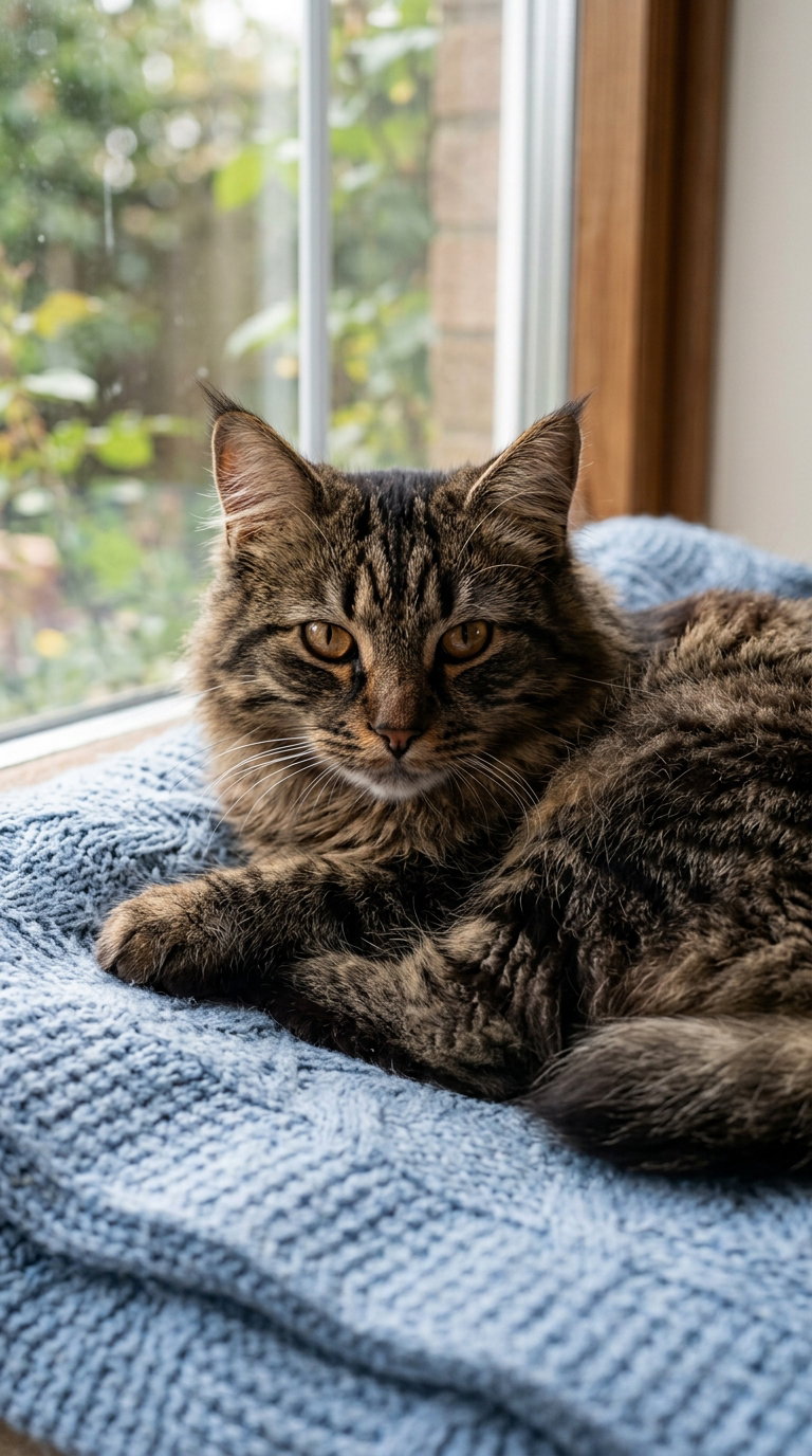A tabby cat with large ears lounging on a blue blanket by a sunny window.