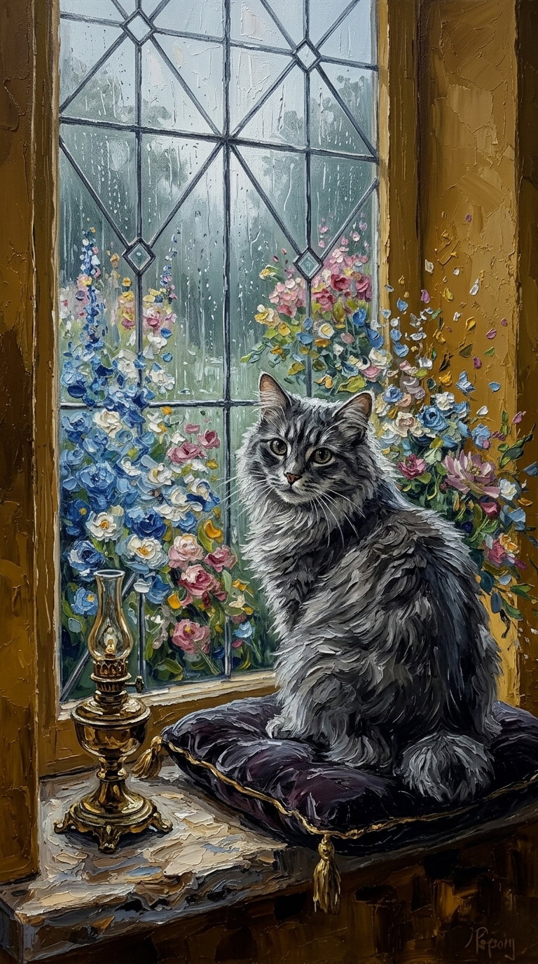 A fluffy gray cat sitting on a cushion by a window, with colorful flowers outside and a vintage lamp on the windowsill.