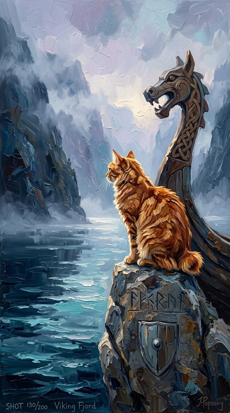 An orange cat sitting on a rock, gazing at a fjord with a Viking ship figurehead in the background, surrounded by misty cliffs and water.