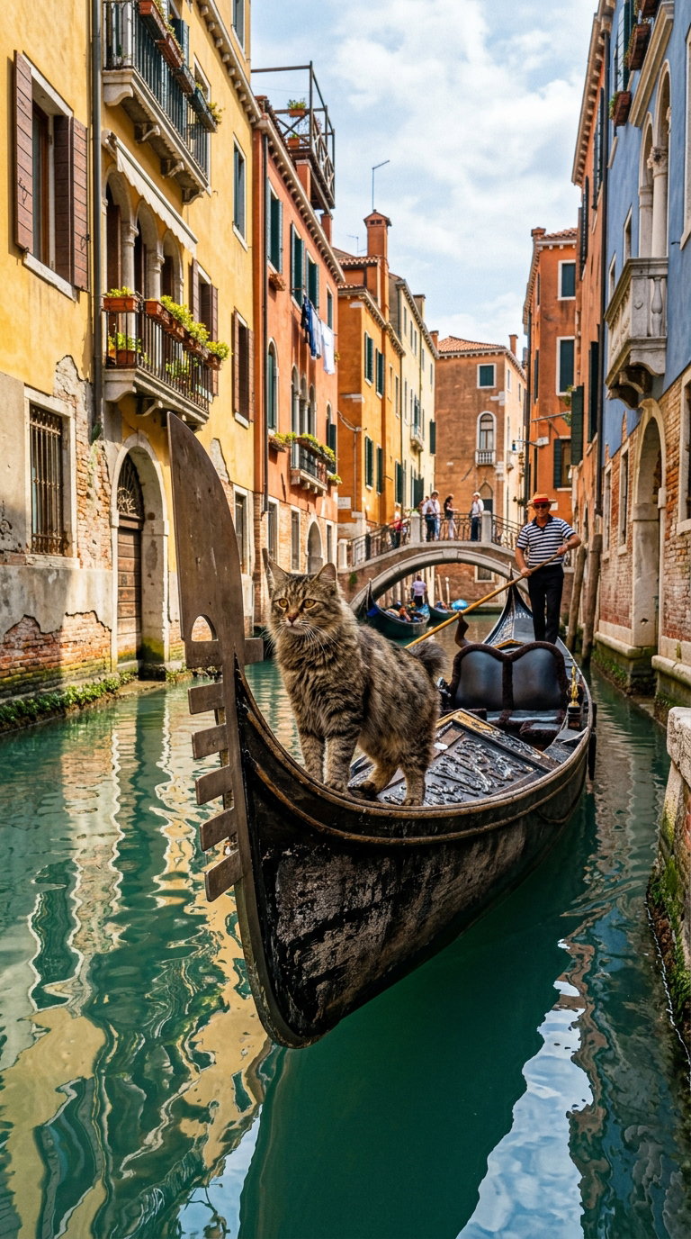 A fluffy cat stands on the edge of a gondola in a tranquil canal, surrounded by colorful buildings and a clear blue sky.